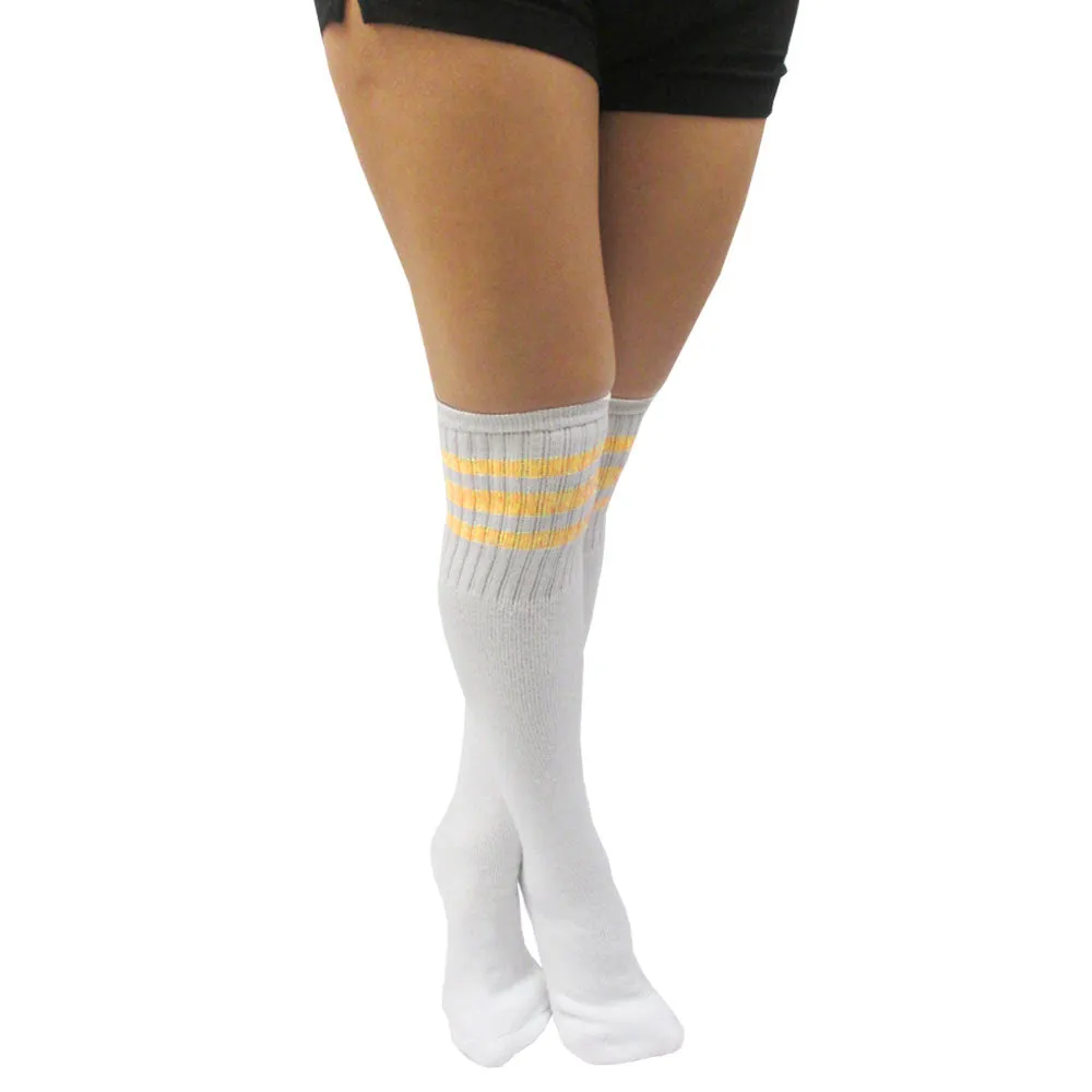4 Pair Casual Knee High White Tube Socks Yellow Stripe Long Athletic Sport 10-15