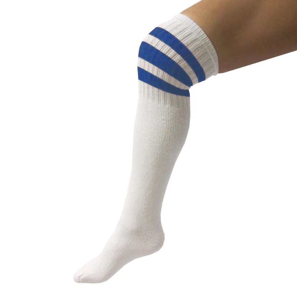 4 Pairs Casual Knee High White Tube Socks Long Athletic Blue Stripe Sports 10-15