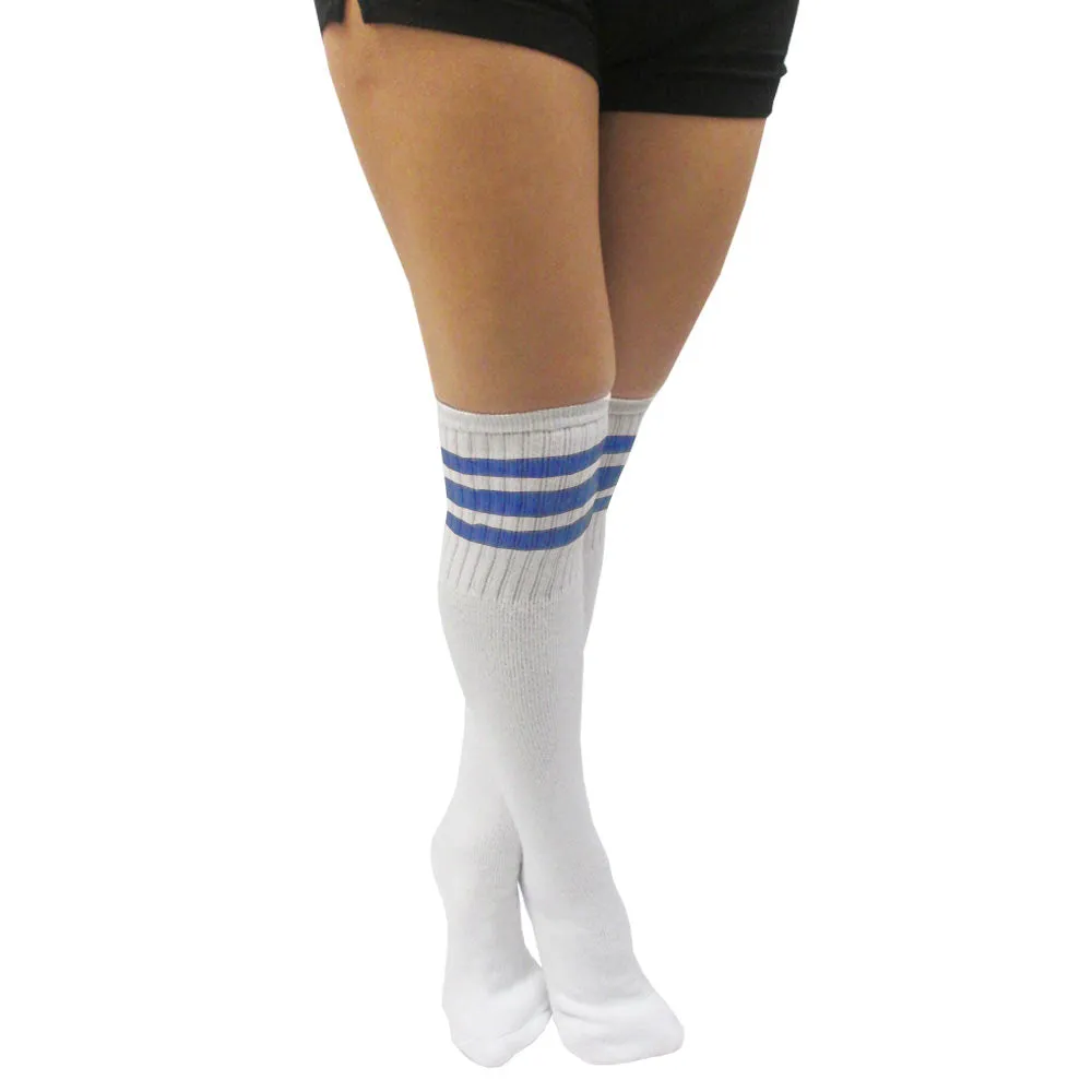 4 Pairs Casual Knee High White Tube Socks Long Athletic Blue Stripe Sports 10-15