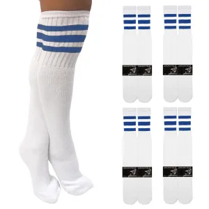 4 Pairs Casual Knee High White Tube Socks Long Athletic Blue Stripe Sports 10-15
