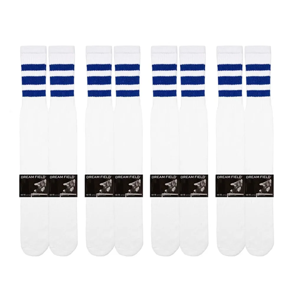 4 Pairs Casual Knee High White Tube Socks Long Athletic Blue Stripe Sports 10-15