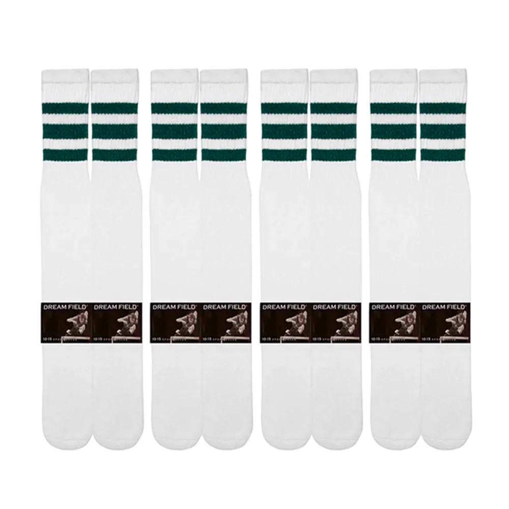 4 Pairs Casual Knee High White Tube Socks Long Athletic Green Stripe Sport 10-15