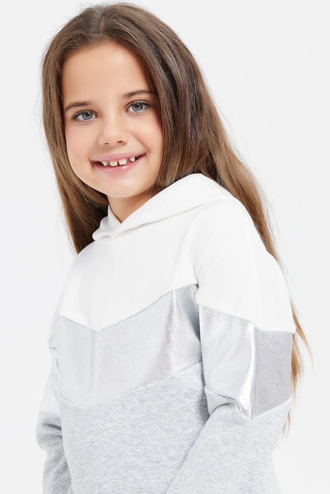 Girls White And Grey Sweatshirt With Hoody