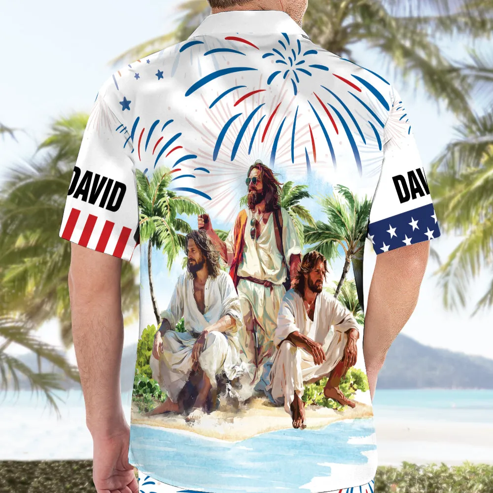 Teesdily | Customized Jesus Summer Beach Hawaiian Shirt, Happy Independence Day Hawaii Set, American Flag Patriot Aloha Outfit Summer Gift For Men