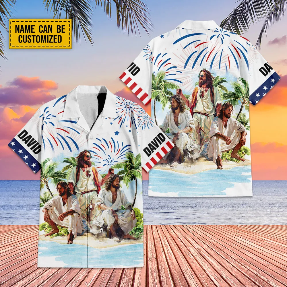 Teesdily | Customized Jesus Summer Beach Hawaiian Shirt, Happy Independence Day Hawaii Set, American Flag Patriot Aloha Outfit Summer Gift For Men