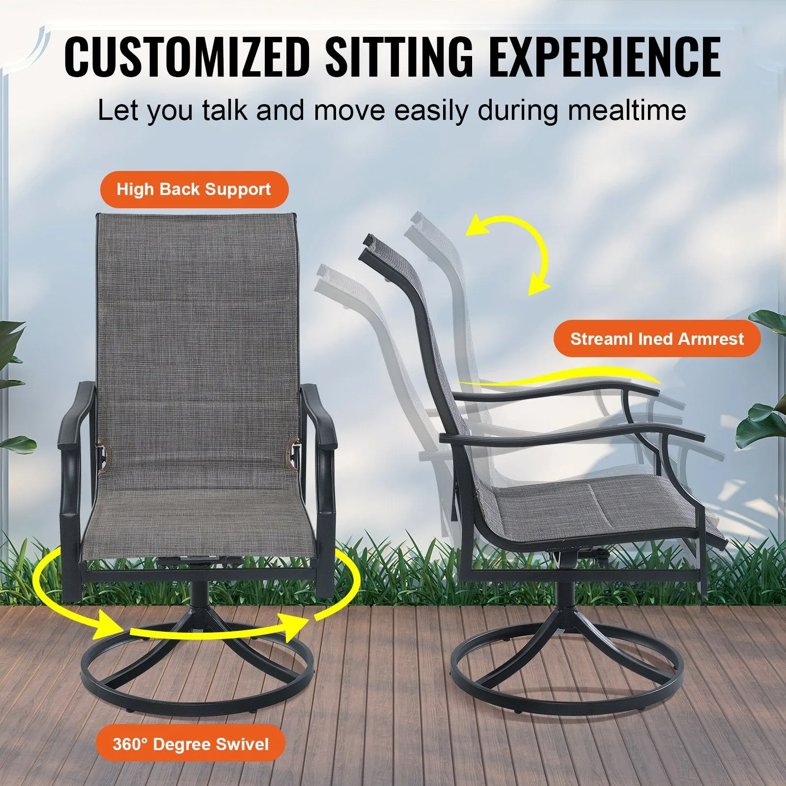 Vevor Patio Dining Set Outdoor Table with Umbrella Hole and Swivel Chairs 7 Piece New