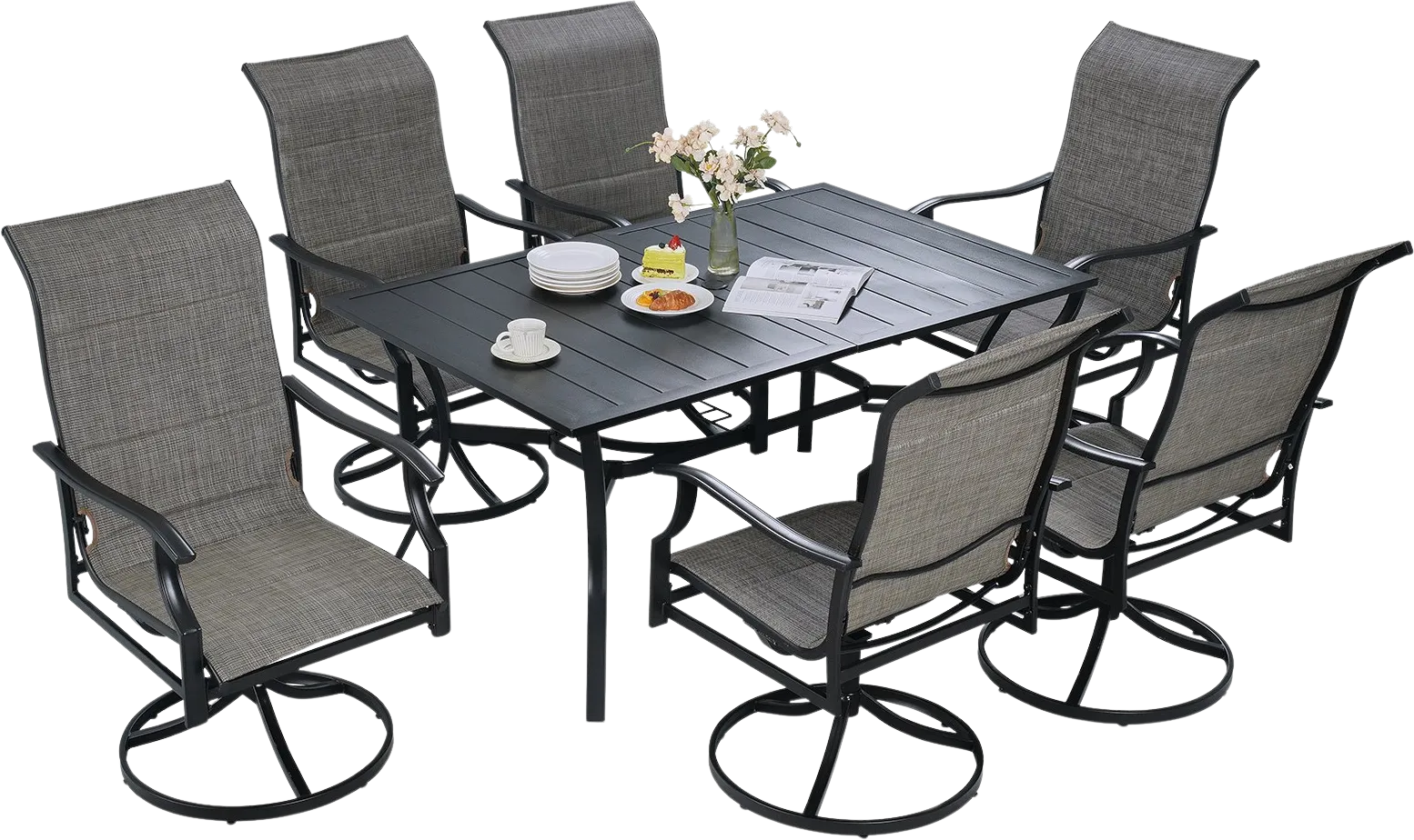 Vevor Patio Dining Set Outdoor Table with Umbrella Hole and Swivel Chairs 7 Piece New