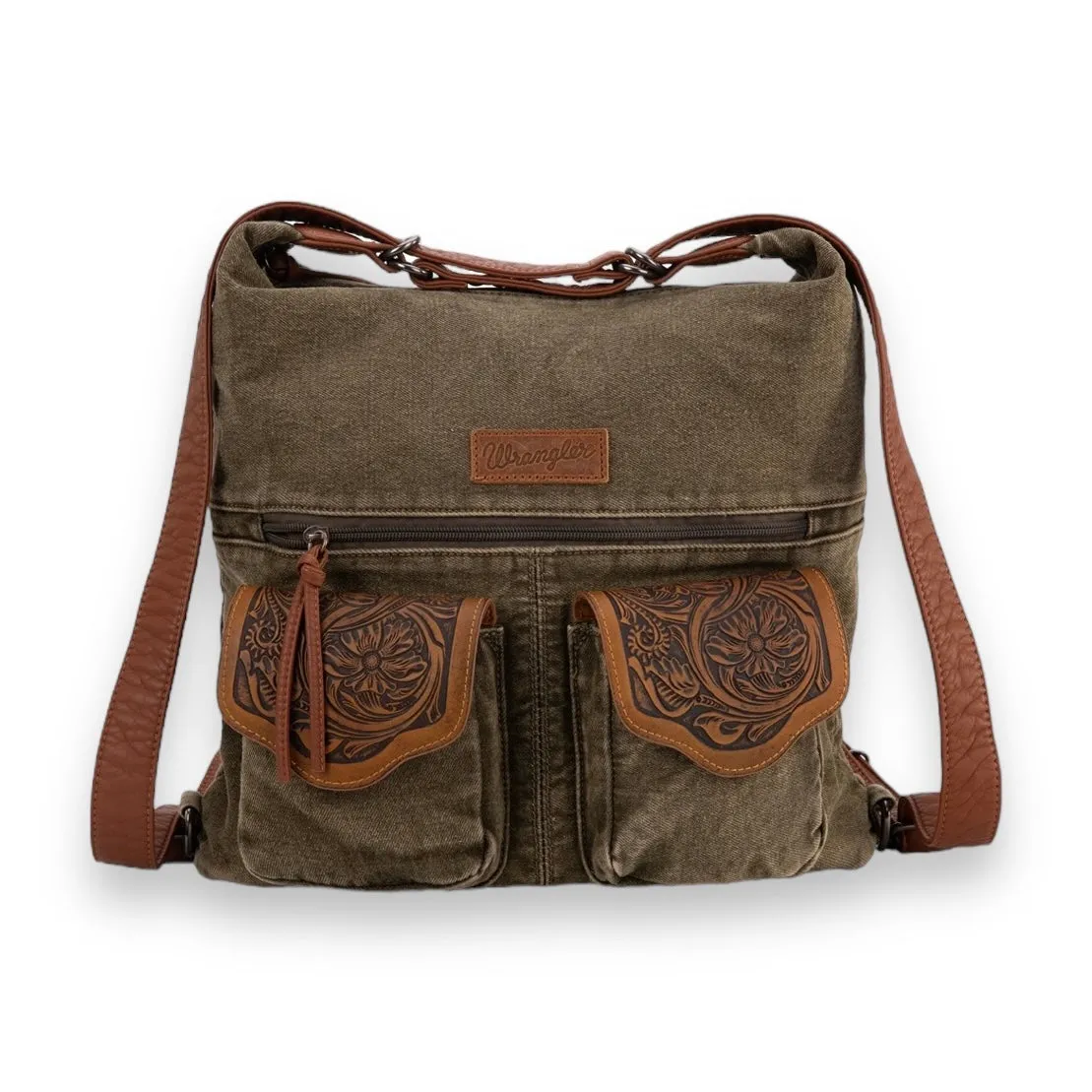 Wrangler Floral Tooled Denim Hobo/Crossbody Backpack (Convertible ) Olive